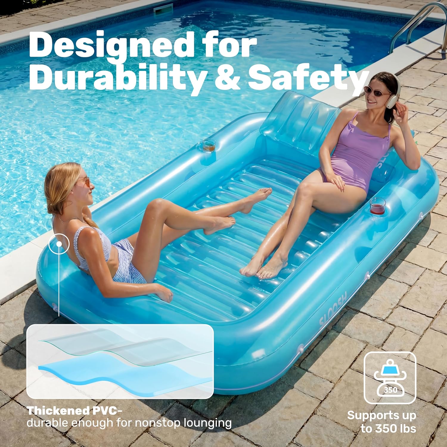 Thumbnail 4 de Sloosh Inflatable Tanning Pool Lounger Float (85" x 57") — XL Blue 4-in-1 Suntan Tub Raft Lounge