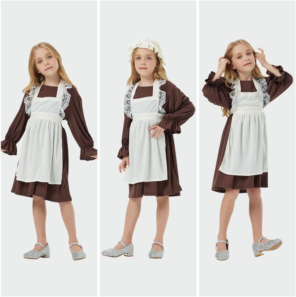 Thumbnail 1 de Aomig Vestito da Cameriera Bambina in stile medievale (kit da 4 pezzi: abito, grembiule, bonnet e calzini)