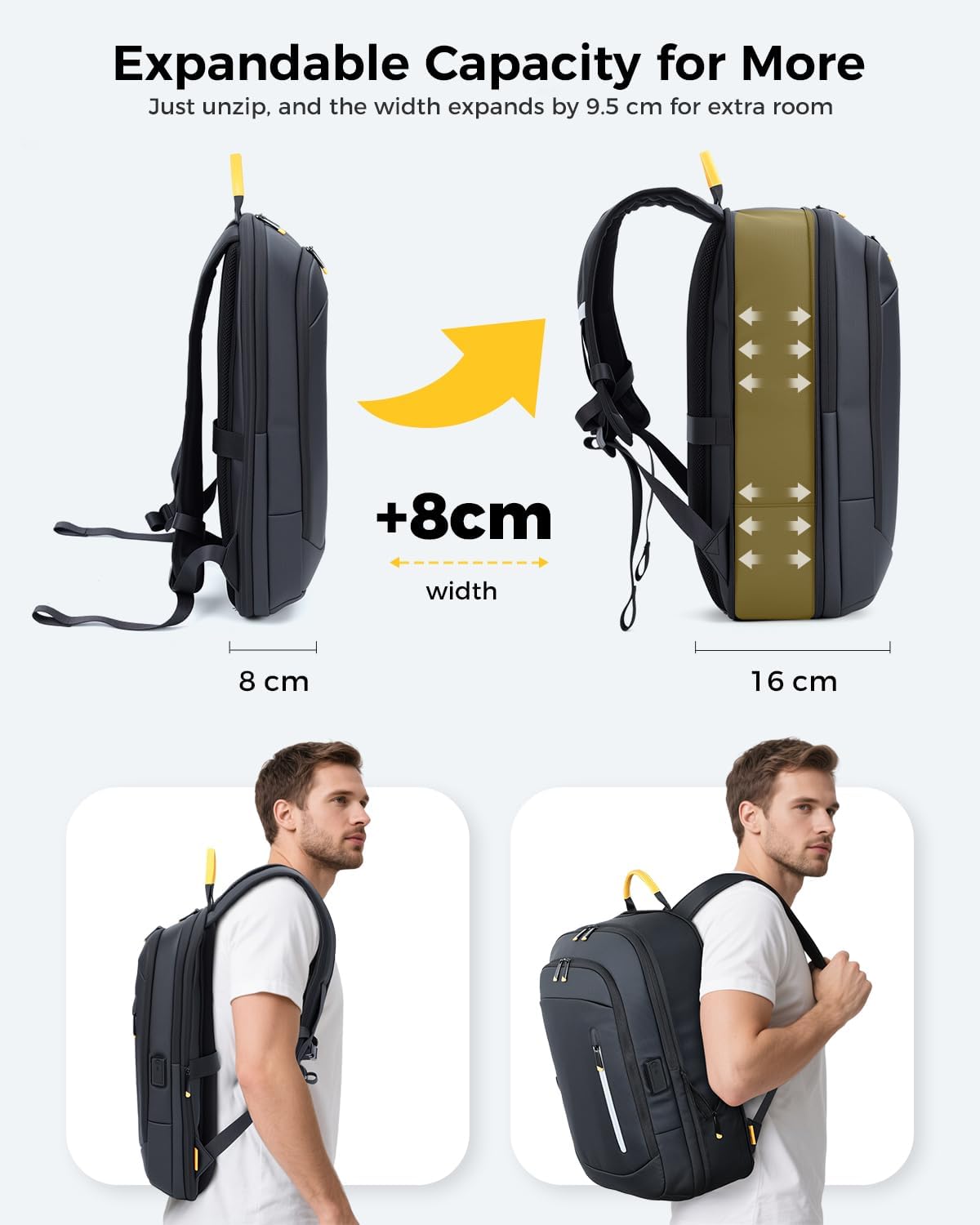 Thumbnail 2 de Lekespring laptop backpack for men (15.6 inch) with USB charging port, expandable water-resistant rucksack – black