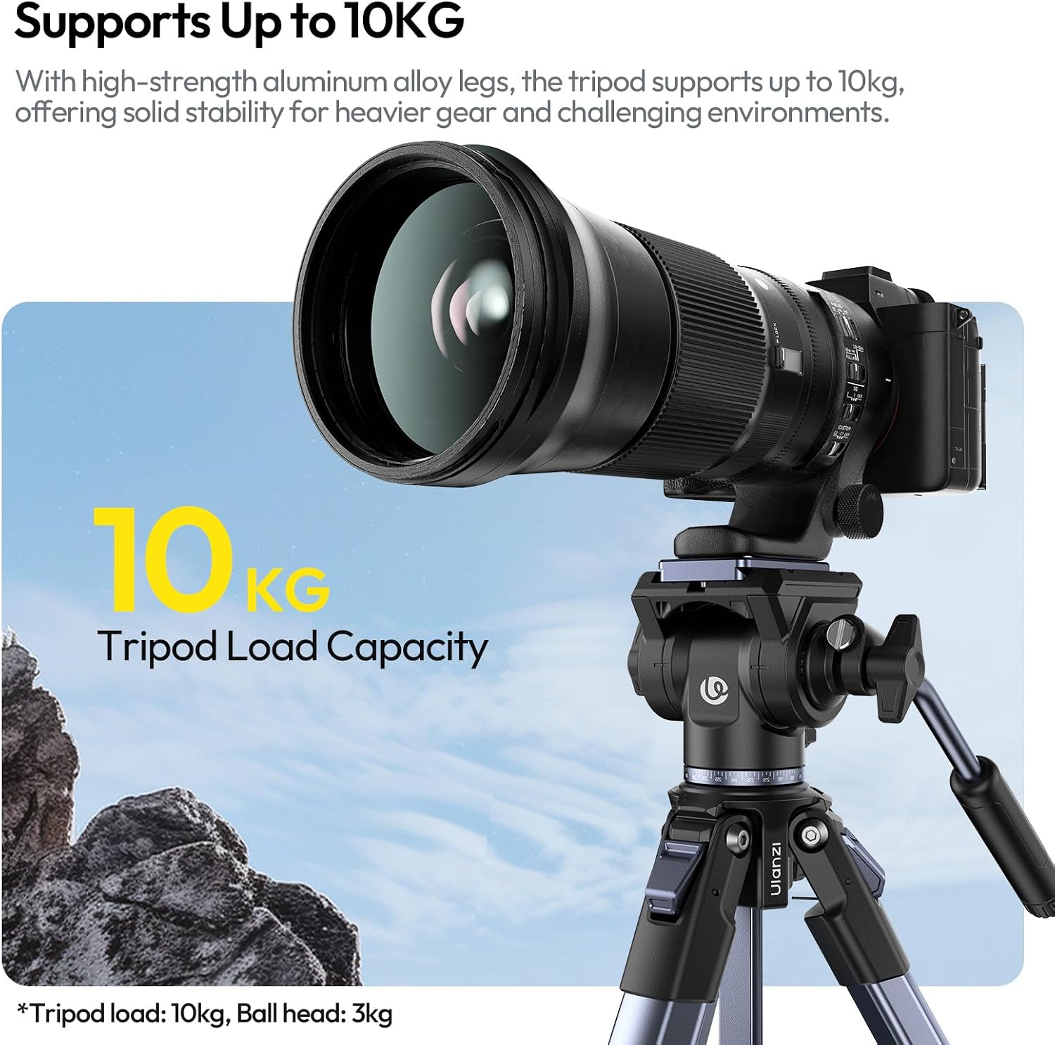 Detalle 2 de Trépied photo et vidéo ULANZI 157 cm avec tête hydraulique 360° et support téléphone (compatible Arca Swiss)