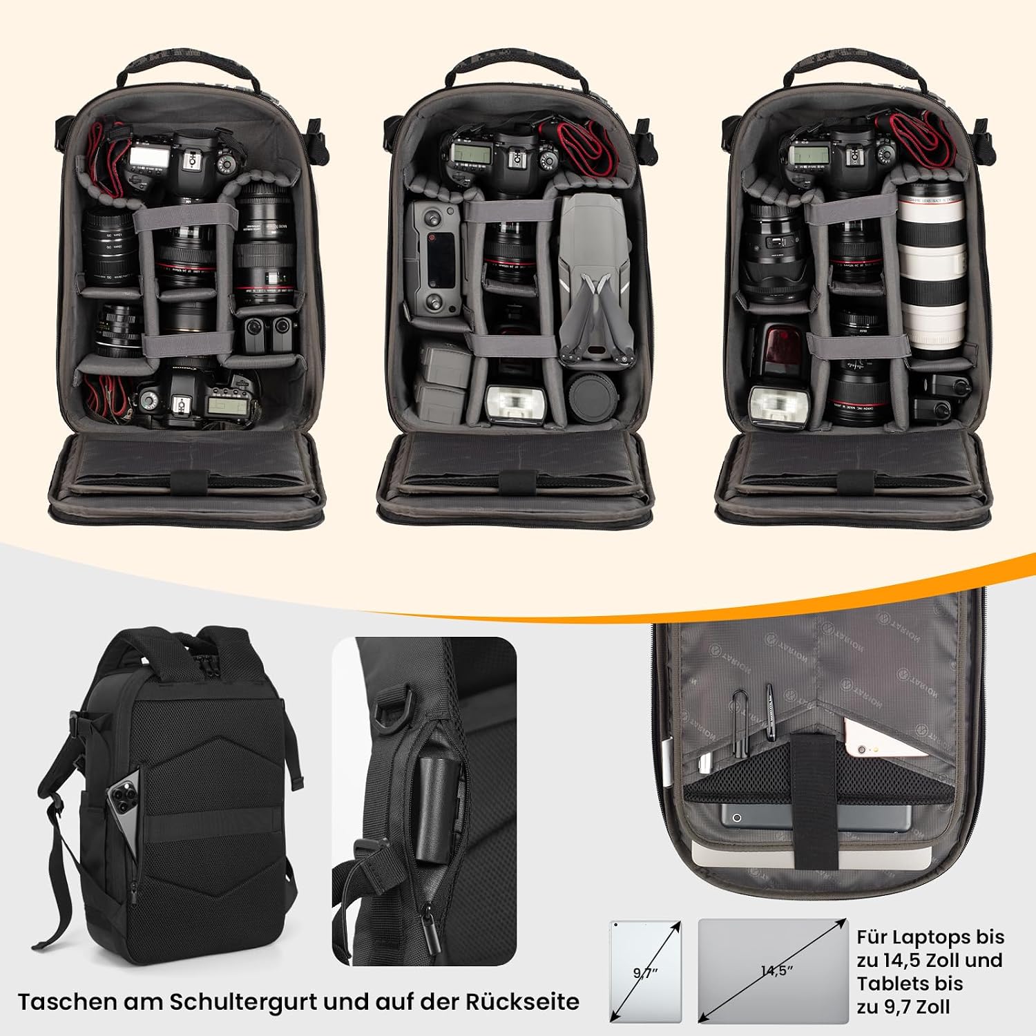 Detalle de TARION Kamerarucksack TR-H – Hartschale, stoßfest und wasserdicht mit 14,5 Zoll Laptopfach
