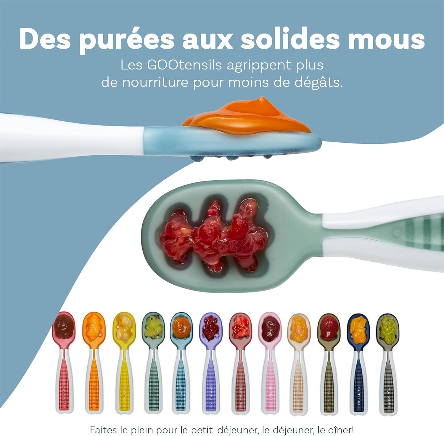 Thumbnail 6 de NumNum GOOtensils Cuillère Bébé 1er Âge – Étape 1+2 en Silicone (Lot de 2, Bleu/Orange)