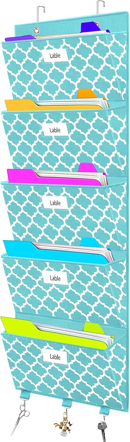 Detalle de homyfort Hft-Cf Over-the-Door File Organizer, 5 Pockets, Blue Lantern Pattern