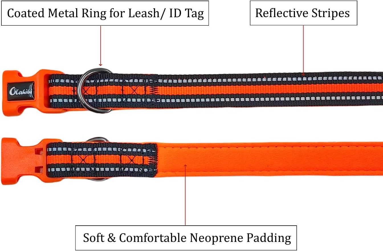 Thumbnail 2 de Olahibi Neoprene Padded Dog Collar – Large, Orange, Reflective Stripes