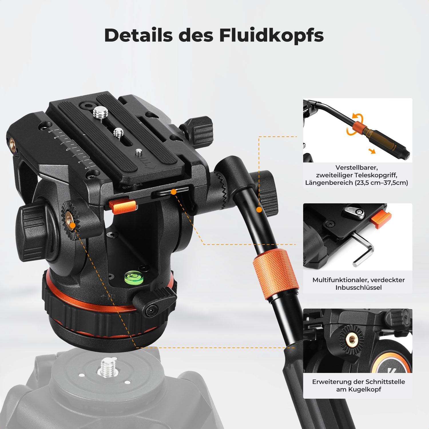 Thumbnail 6 de K&F CONCEPT BV50 Fluidkopf – leichter Videostativkopf mit 360°-Panorama und hydraulischer Dämpfung
