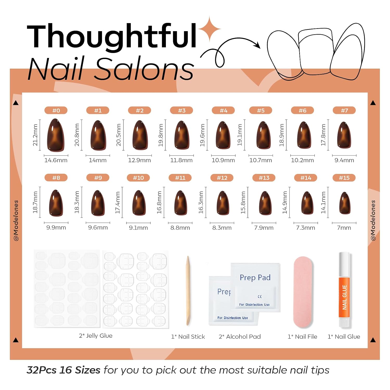 Thumbnail 5 de Modelones Brown Press-On Nails, Short Almond, 32-Piece Kit, 16 Sizes