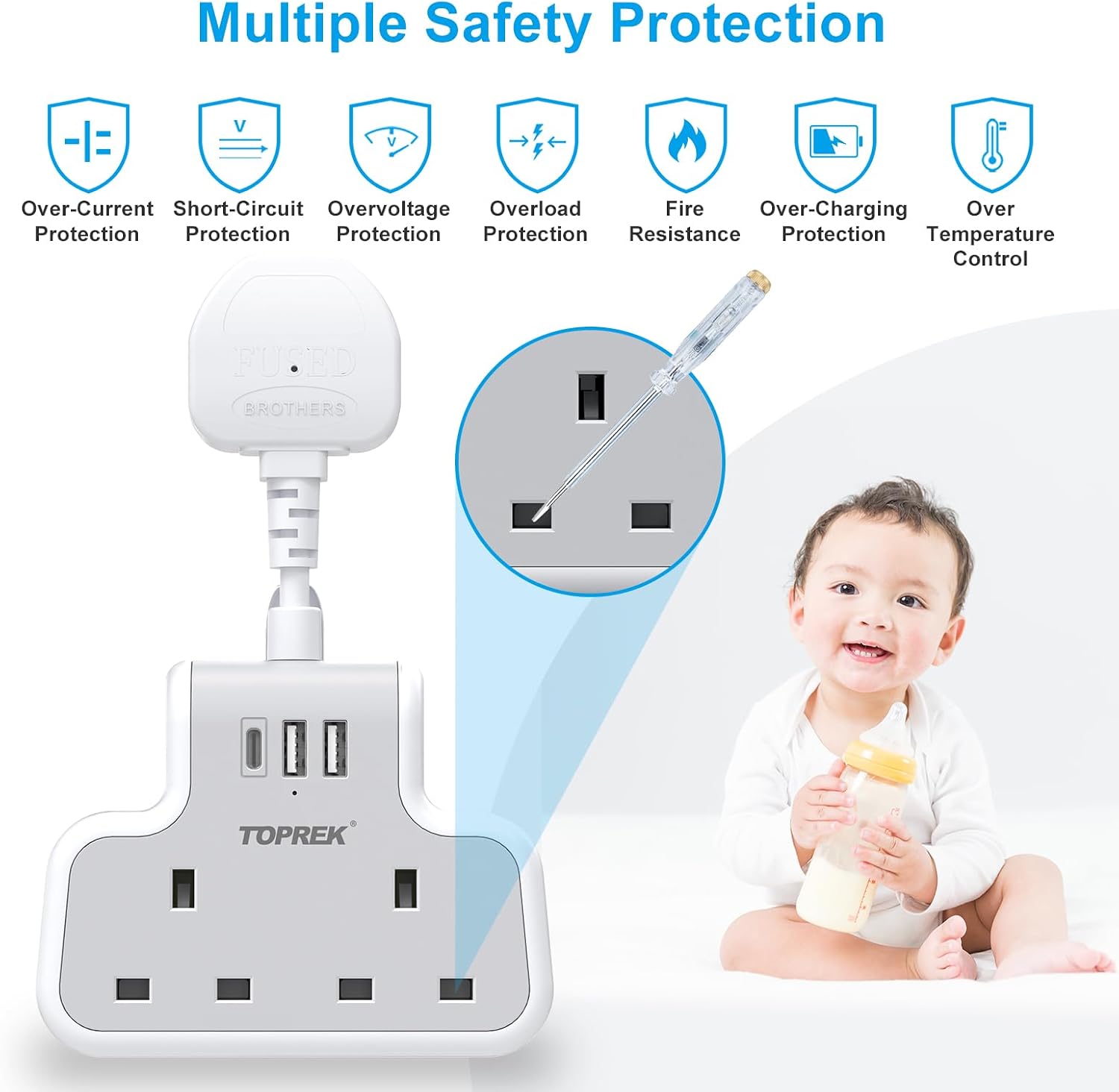 Thumbnail 6 de TOPREK 6.2cm Short Extension Lead with USB Ports: A Compact 5‑In‑1 Wall Socket for Home, Office and Travel