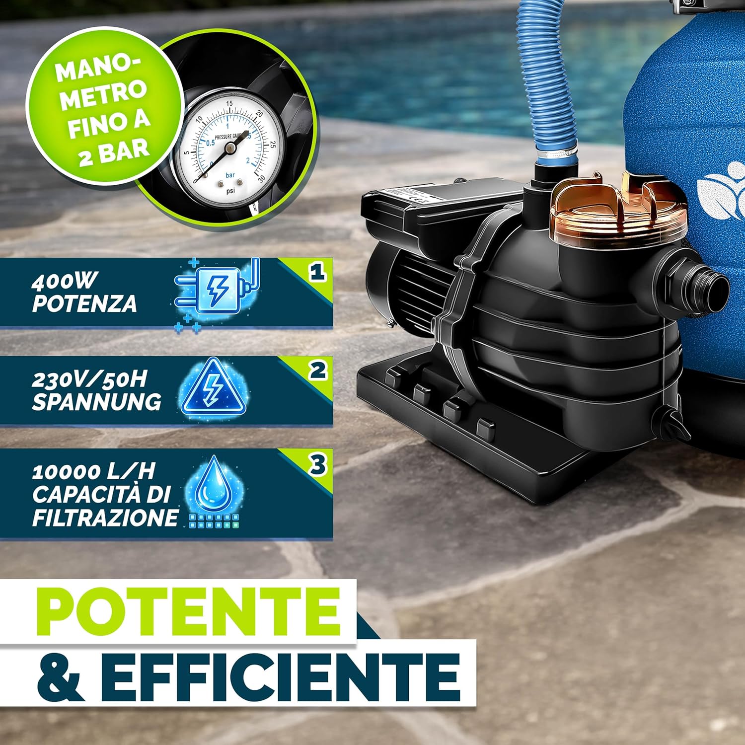 Thumbnail 3 de Pompa filtro per piscina tillvex portata 10 m³/h con valvola a 7 vie e 800 g di balls