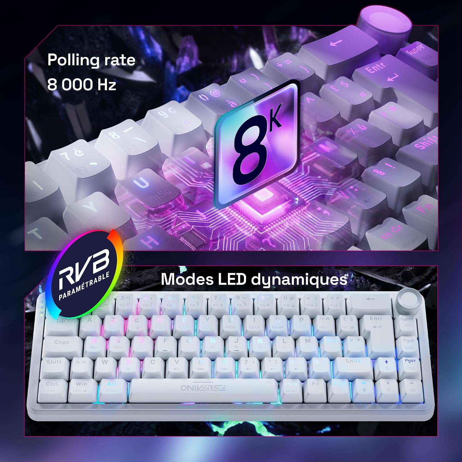 Detalle de Oniverse Maegnus – przewodowa klawiatura gamingowa 65%, Hall Effect, Rapid Trigger, AZERTY