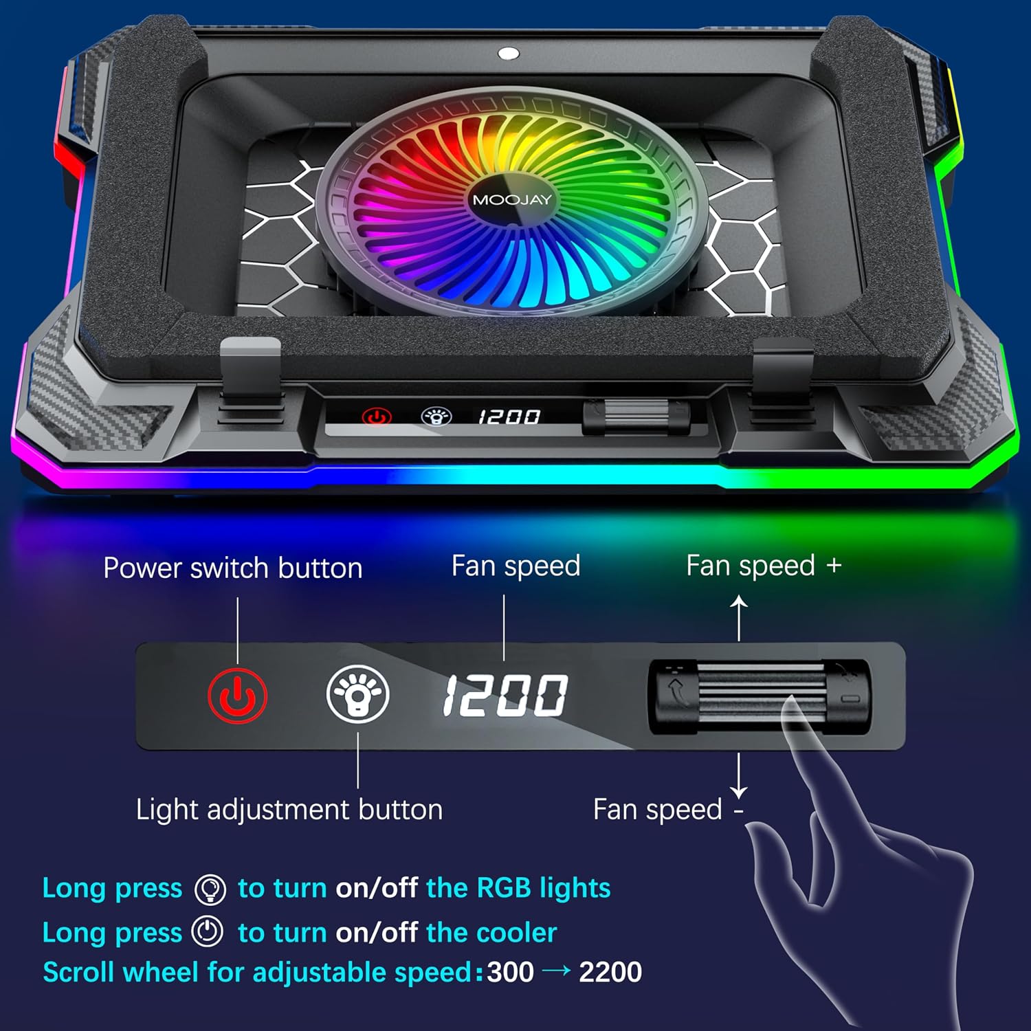 Thumbnail 3 de MOOJAY Laptop Cooling Pad with Powerful Turbo Fan and RGB Lighting (14–19 Inch) – 8 Adjustable Heights