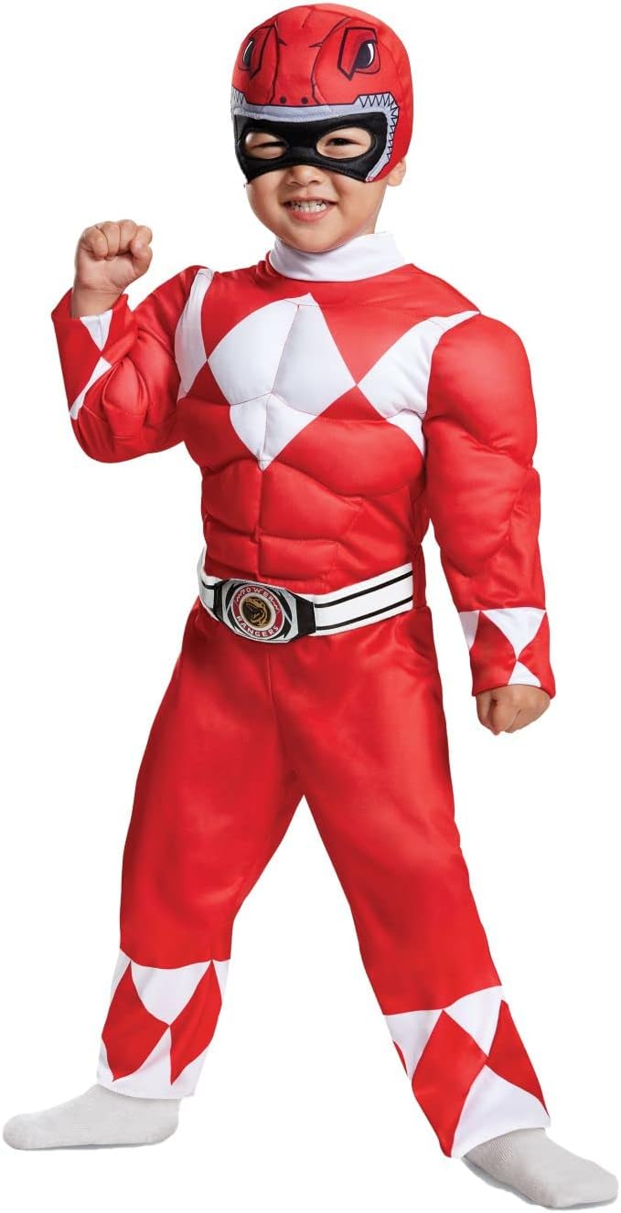 Disguise Red Ranger Toddler Muscle Costume, Red Jumpsuit and Soft Headpiece, 3T–4T