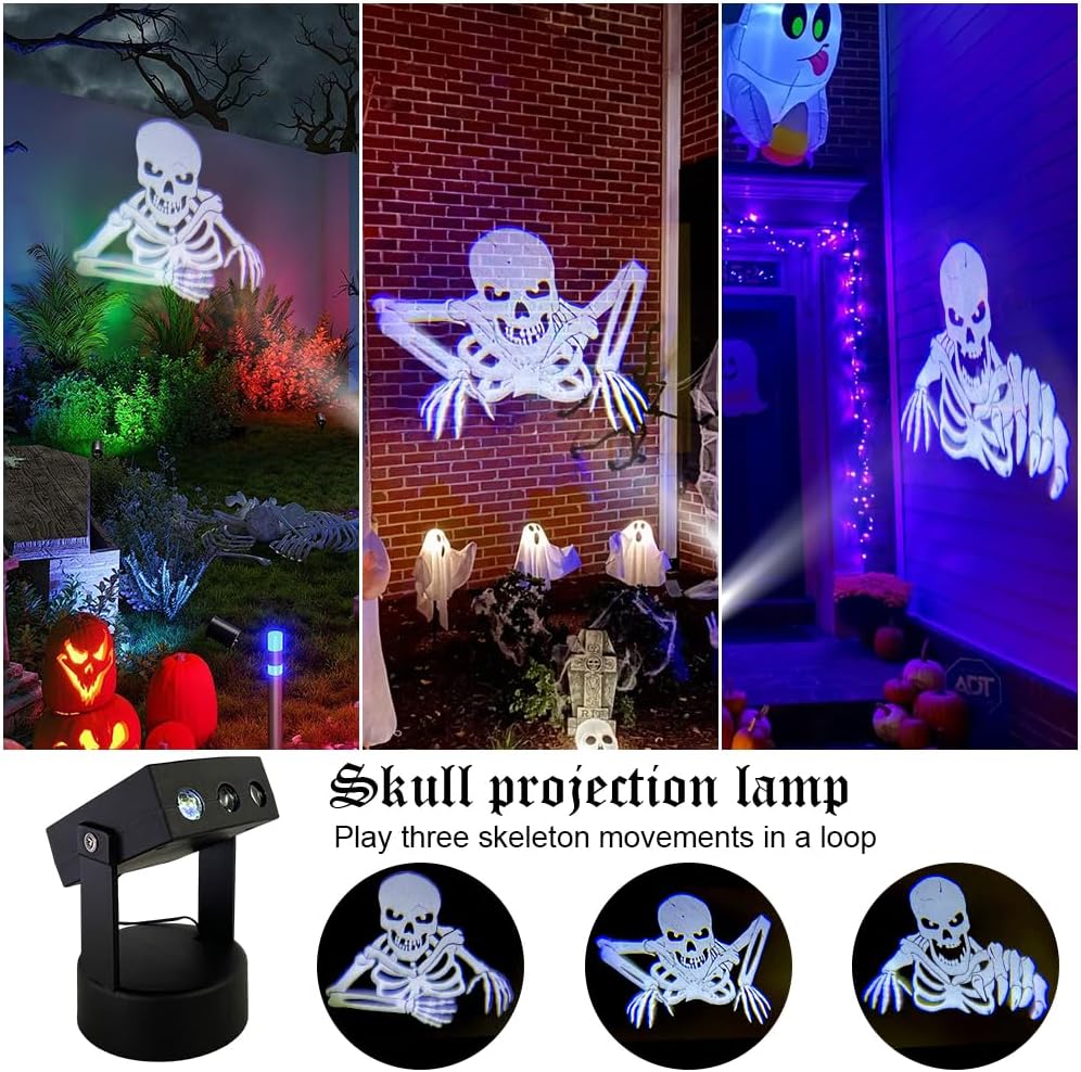 Thumbnail 4 de Bseical Halloweenprojektor med dynamisk 3D-dödskalleprojektion, LED och batteridrift