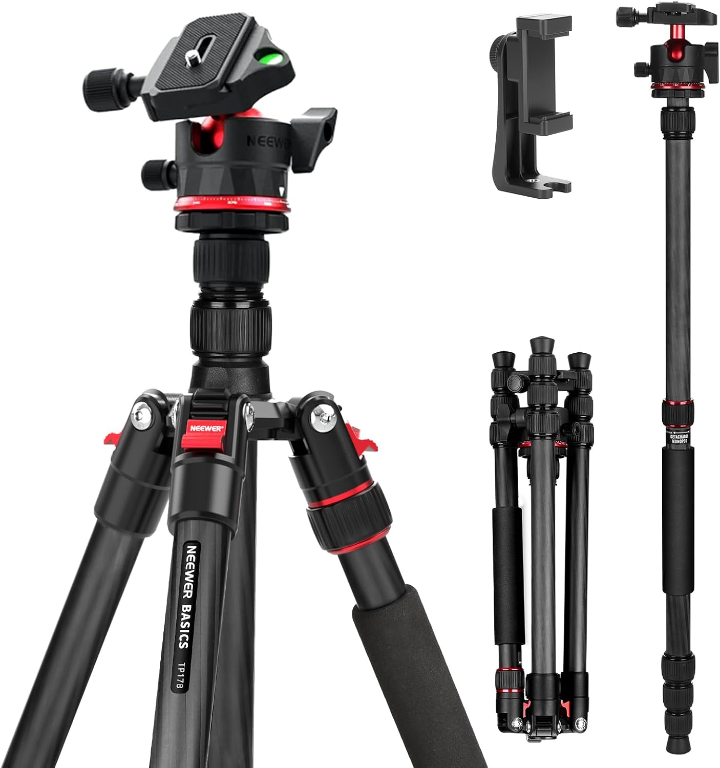 Detalle de NEEWER Basics Carbonfaser Reisestativ Einbeinstativ 64" – kompakt, leicht, kompatibel mit Smartphone und DSLR