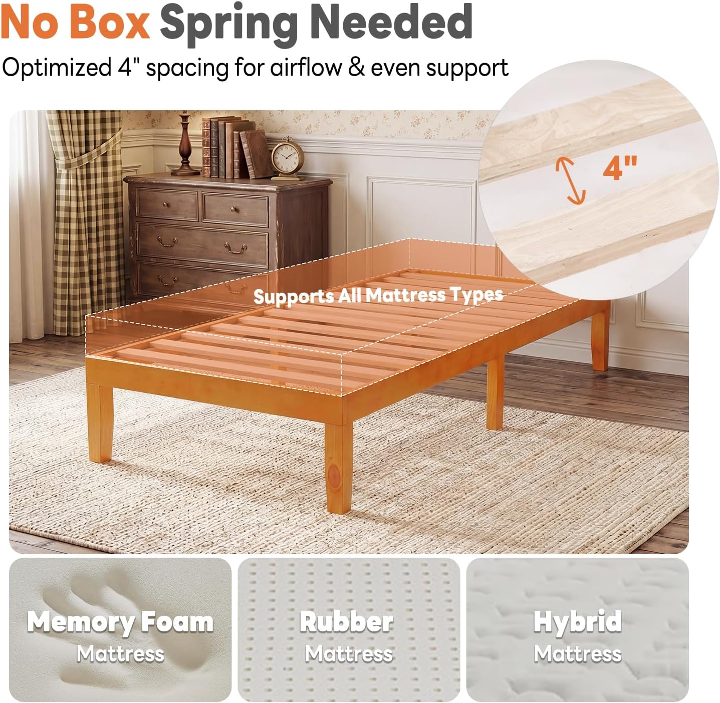 Detalle 1 de Sweetcrispy Twin Bed Frame, Natural Pine