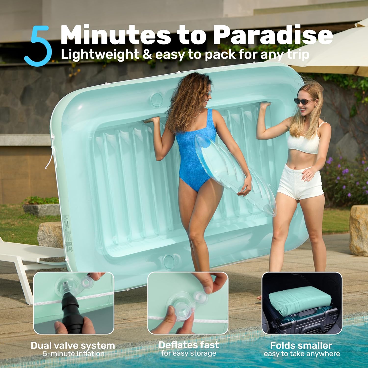 Thumbnail 5 de SLOOSH Inflatable Tanning Pool Lounger Float (85" x 57") with Pillow, 4-in-1 Sunbathing Raft Floatie – XL-Cyan