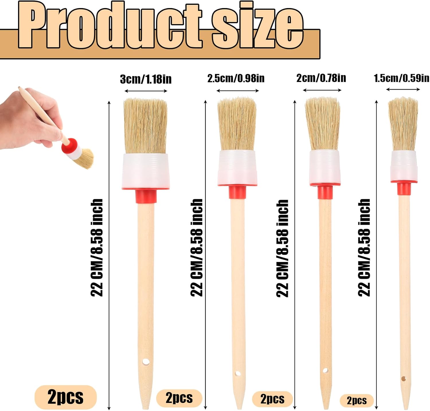 Detalle 2 de 8 Stk Borstenpinsel Set Rundpinsel – Profi Maling – Holzgriff, 2–3,5 cm Durchmesser, Lasur- und Lackpinsel