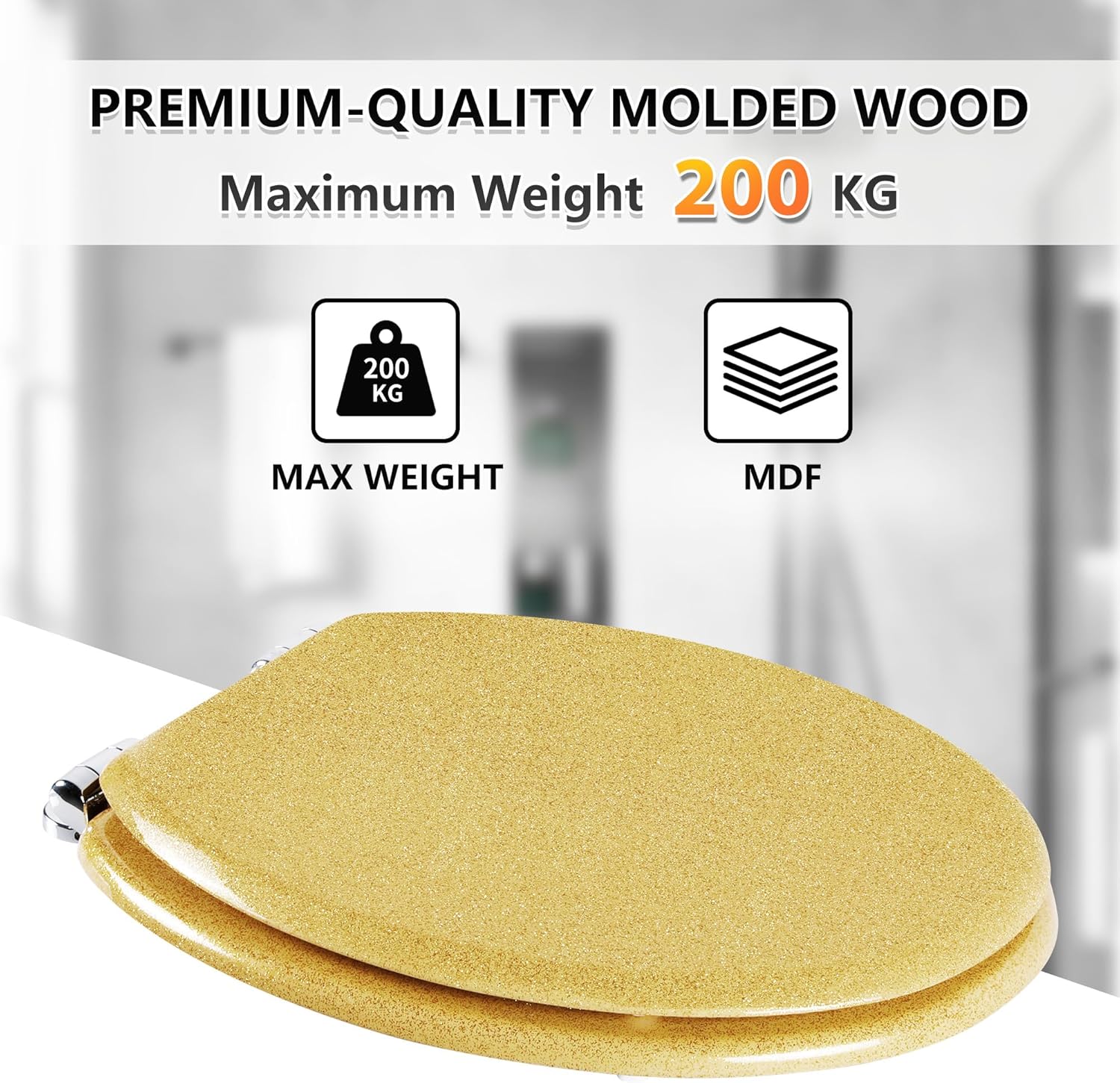 Thumbnail 4 de Angel Shield Glitter Moulded Wood Toilet Seat (Oval) with Quiet Close & Quick-Release Hinges – Gold Yellow Glitter, 45x37cm