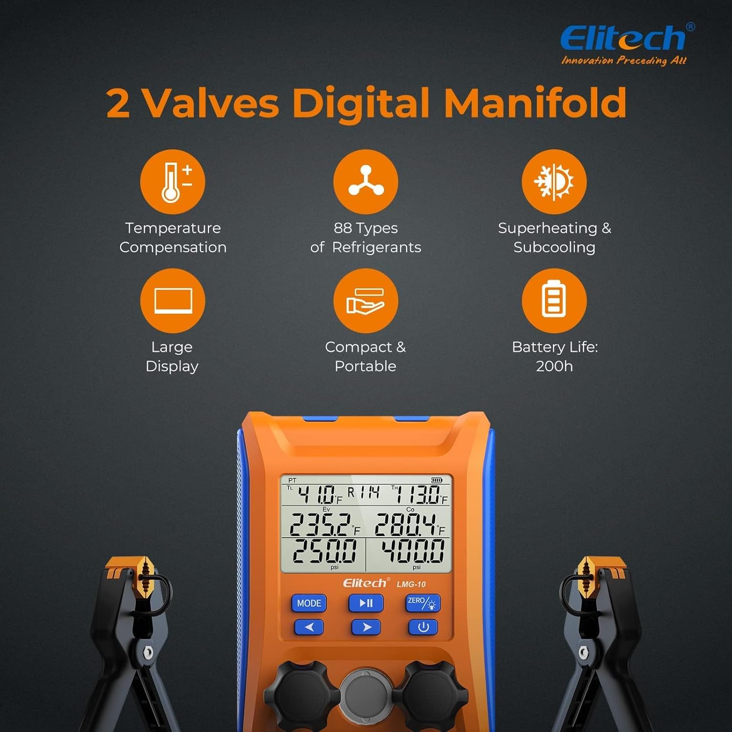 Thumbnail 1 de Elitech LMG-10 digital manifold gauge for HVAC testing with 2 temperature clamps