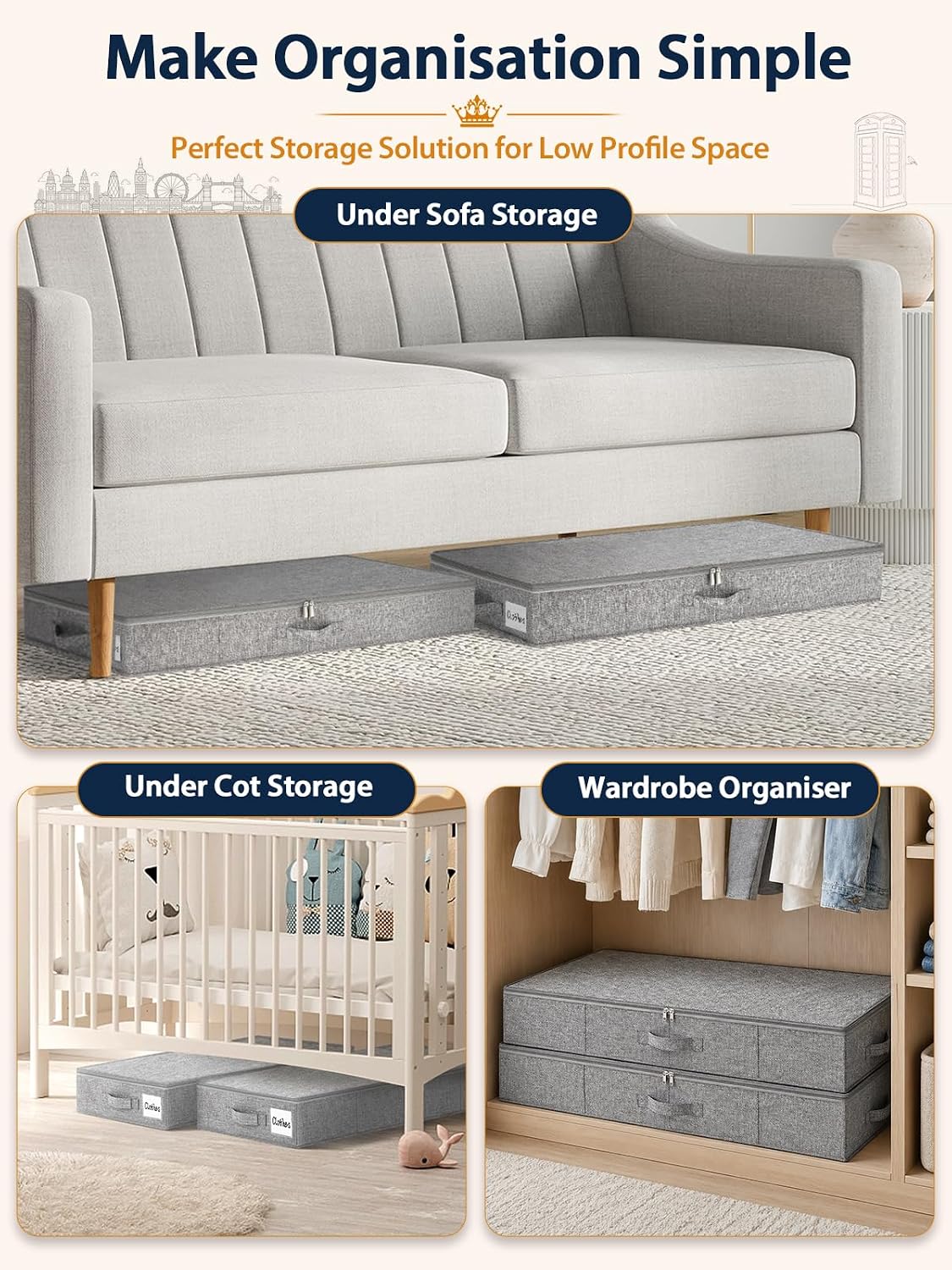 Thumbnail 6 de Huquter 40L Under-Bed & Sofa Storage Boxes (2 Pack) – 12cm Tall, Slim, with Zipped Lids