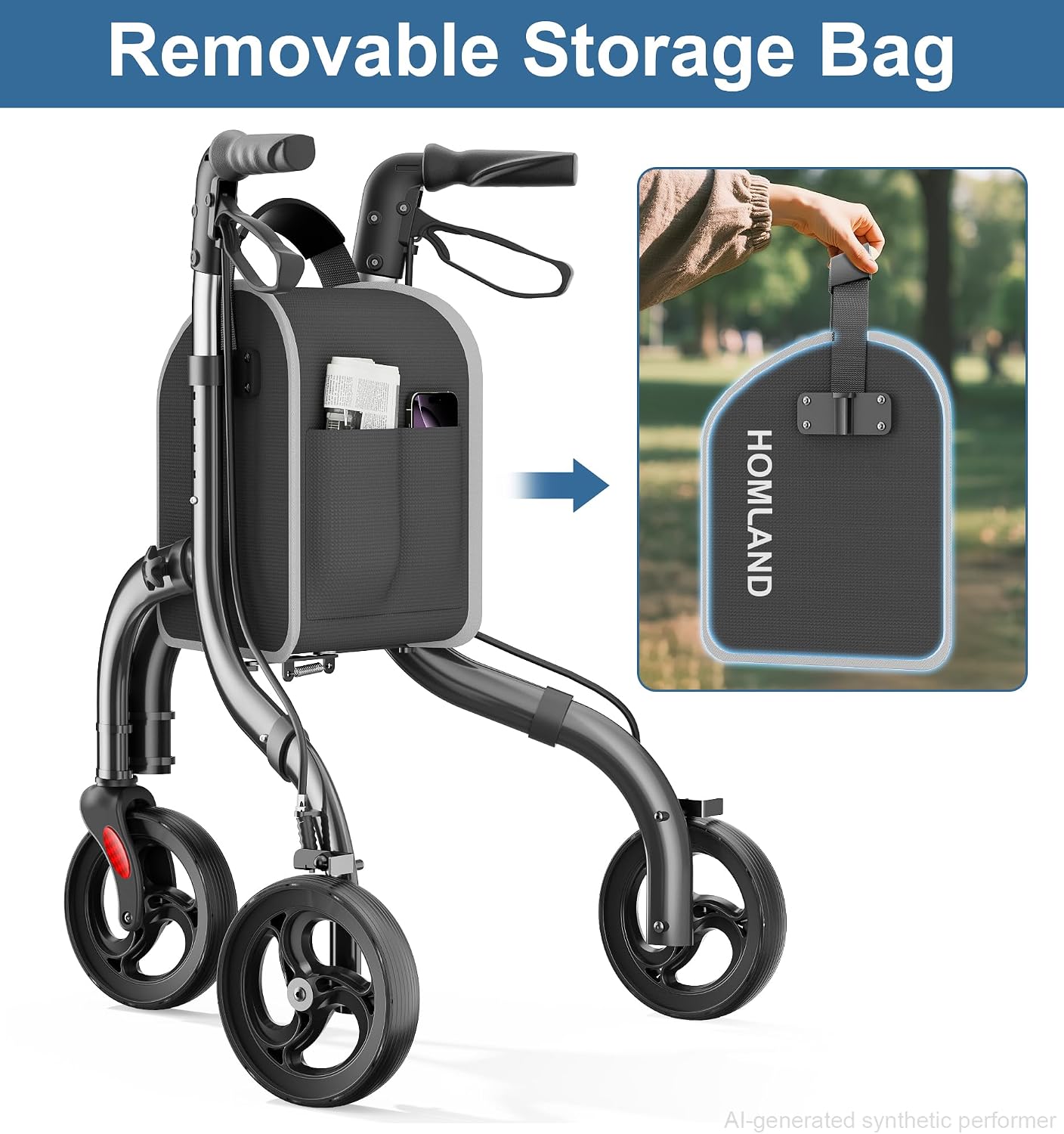 Thumbnail 5 de HOMLAND 3 Wheel Walkers for Seniors — Lightweight, Foldable Aluminum Rollator with Removable Storage Bag