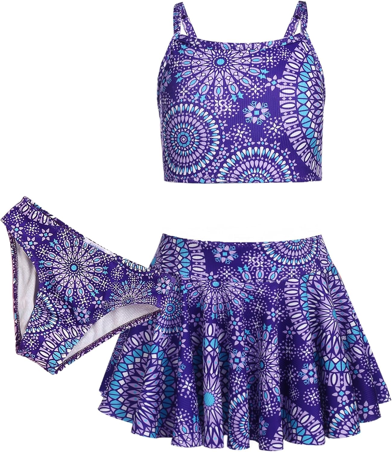 Detalle de Arshiner Mädchen Bikini Set 3er Sommer Badeanzüge – Tankini mit Rock, Blumendruck, für Mädchen 5–15 Jahre
