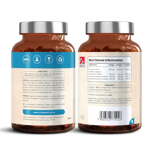 Thumbnail 1 de VitaBright Oméga 3 Gélules 1000–3000 mg: 990 mg EPA / 660 mg DHA, 300 gélules, huile de poisson purifiée et certifiée Friend of the Sea