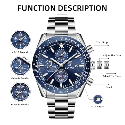 Thumbnail 4 de BENYAR Montre Homme Chronographe Étanche Lumineuse – Grand Cadran 45 mm, Bracelet Acier Inoxydable