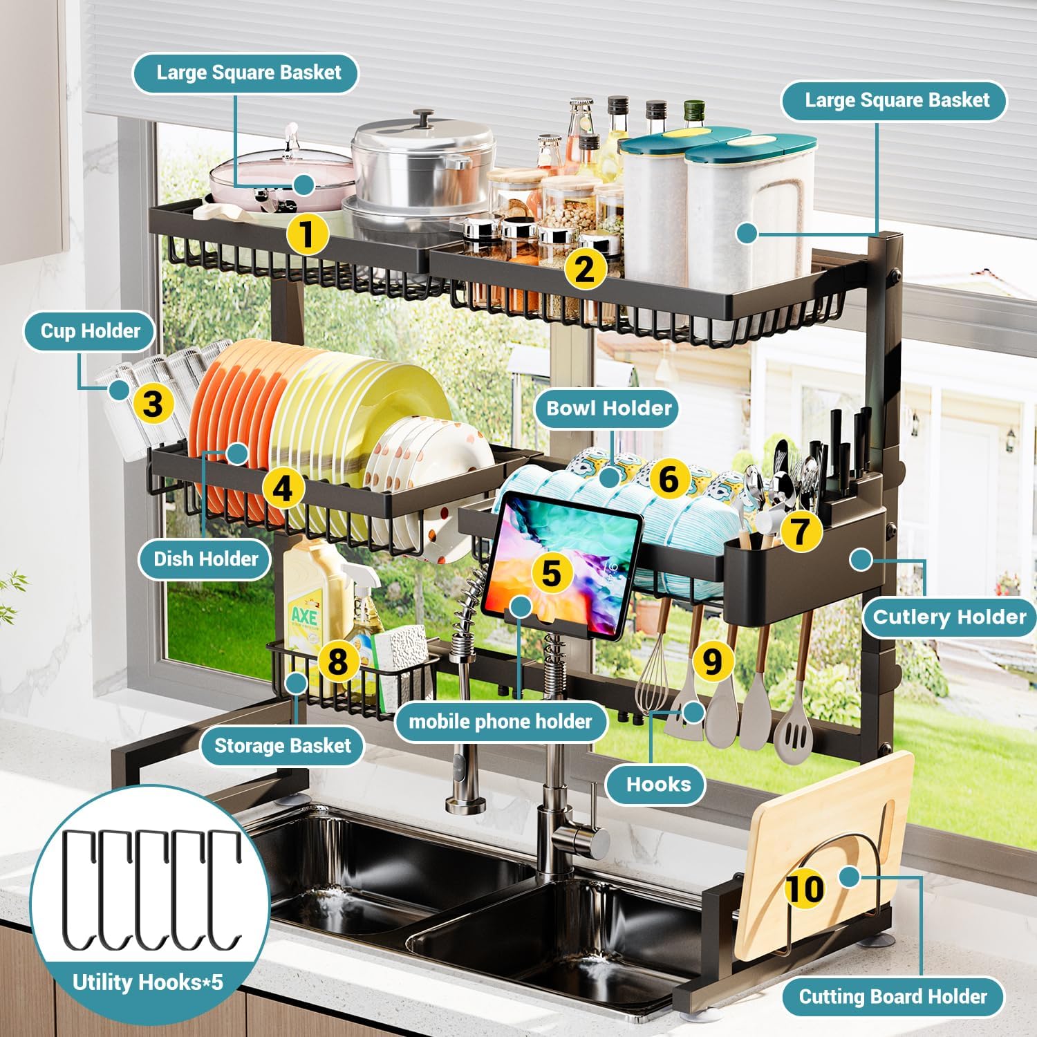 Thumbnail 4 de ADBIU Over The Sink Dish Drying Rack (Expandable 2-Tier, Snap-On Design)