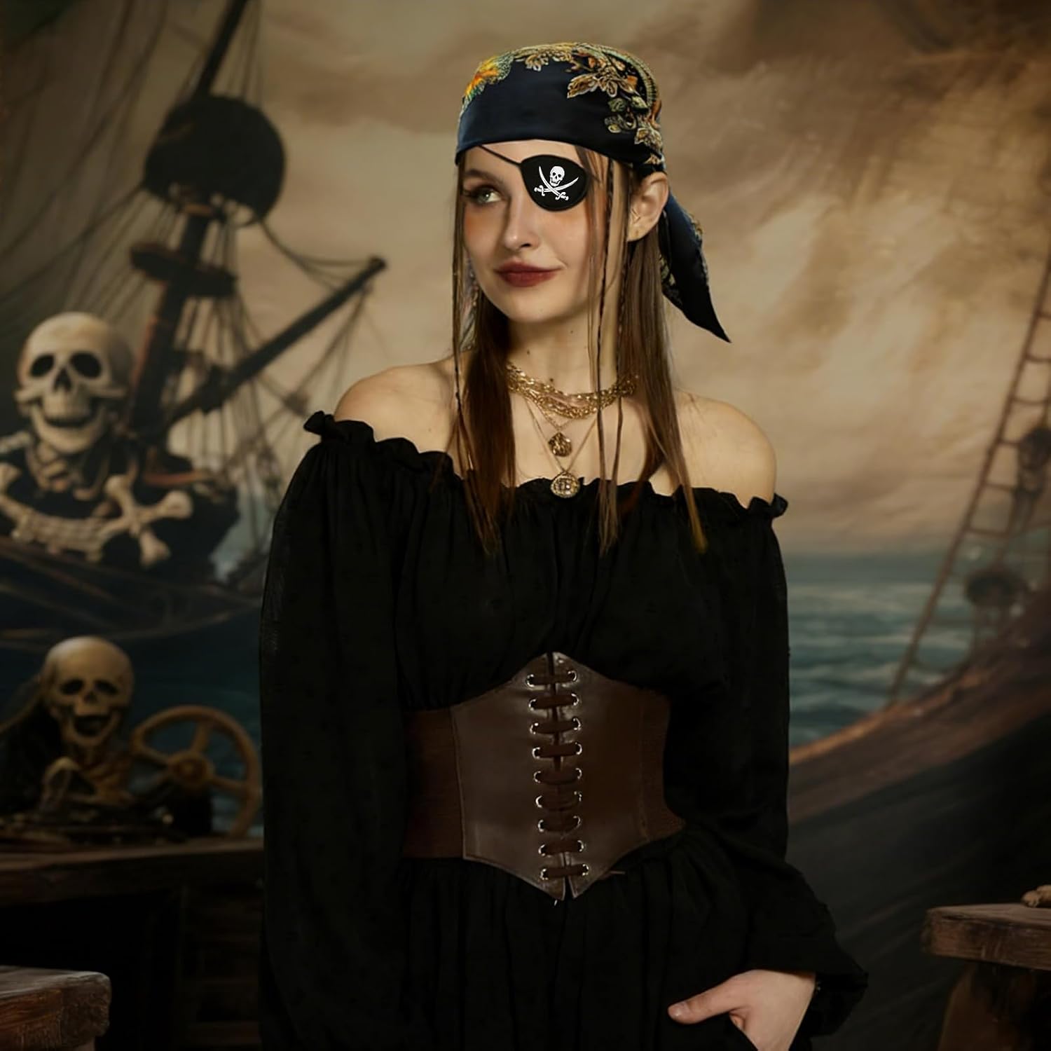 Thumbnail 6 de HONHHUO piratset för dam, 4 delar med korsett, 3D-ögonlapp och halsband