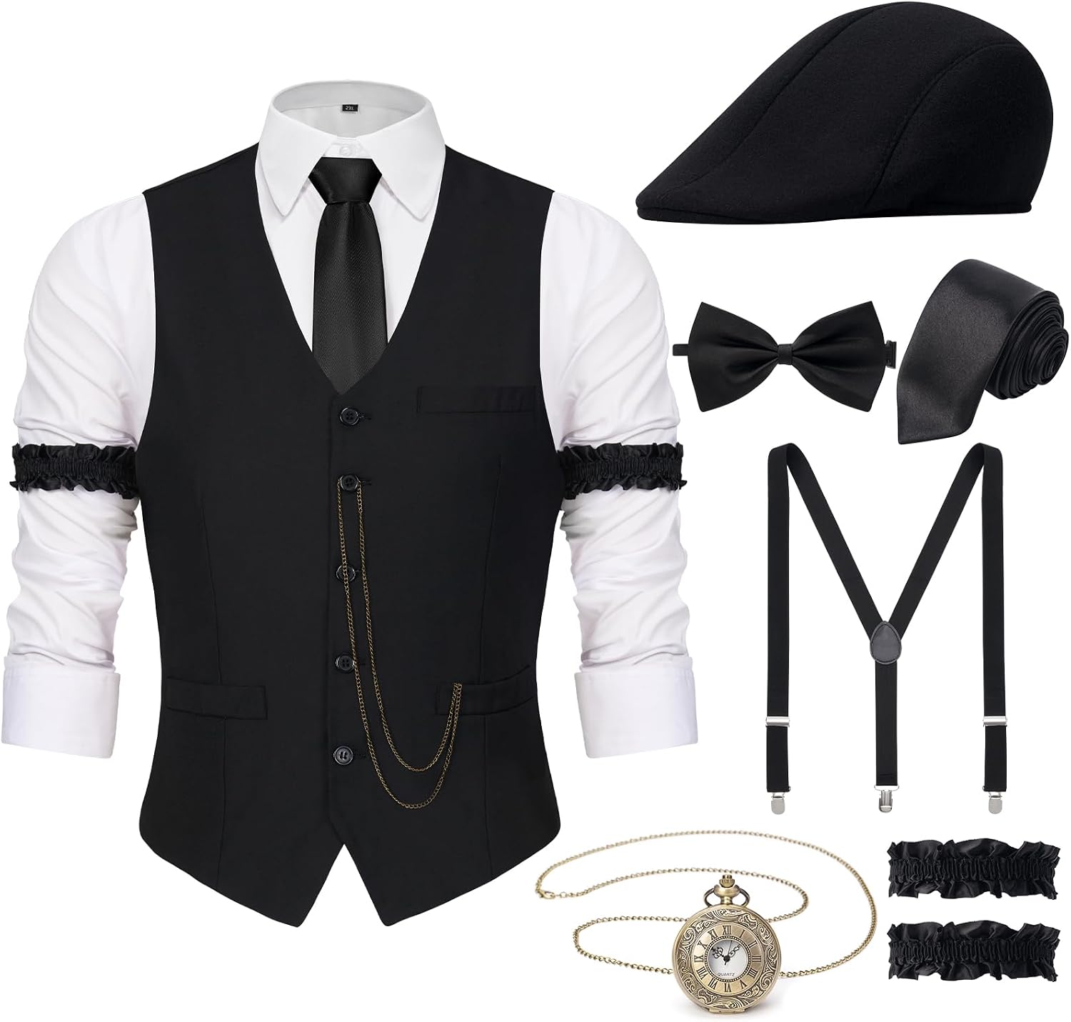 Detalle de YESSA 1920s Men's Costume Set with Gatsby Vest, Fedora and Pocket Watch