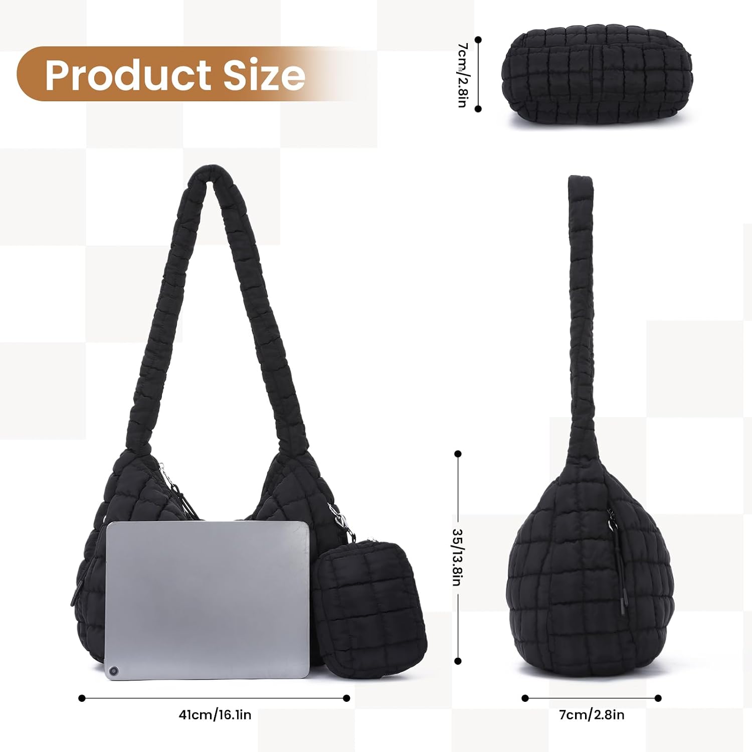 Thumbnail 3 de Jywmsc Große Puffersack-Tasche für Frauen – Gepolsterte Tote mit Reißverschluss und kleinem Beutel
