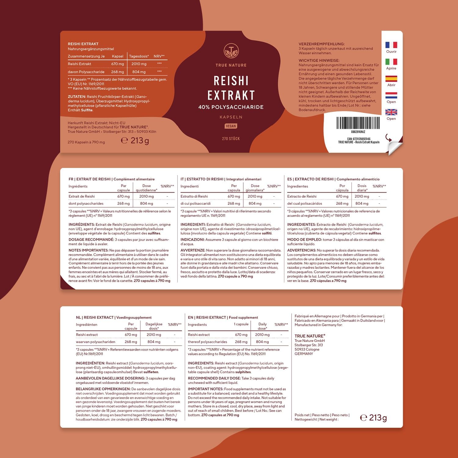 Detalle de Reishi Pilz-Extrakt – 270 Kapseln (670 mg) hochdosiert, vegan, deutsche Produktion | TRUE NATURE®