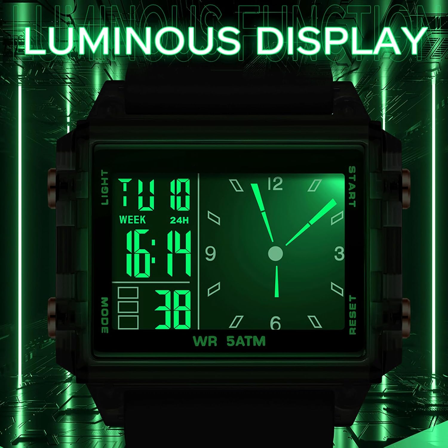 Detalle de findtime Rechteckige Armbanduhr Sportuhr – Hybrid aus Digital- und Analoganzeige mit Silikonarmband