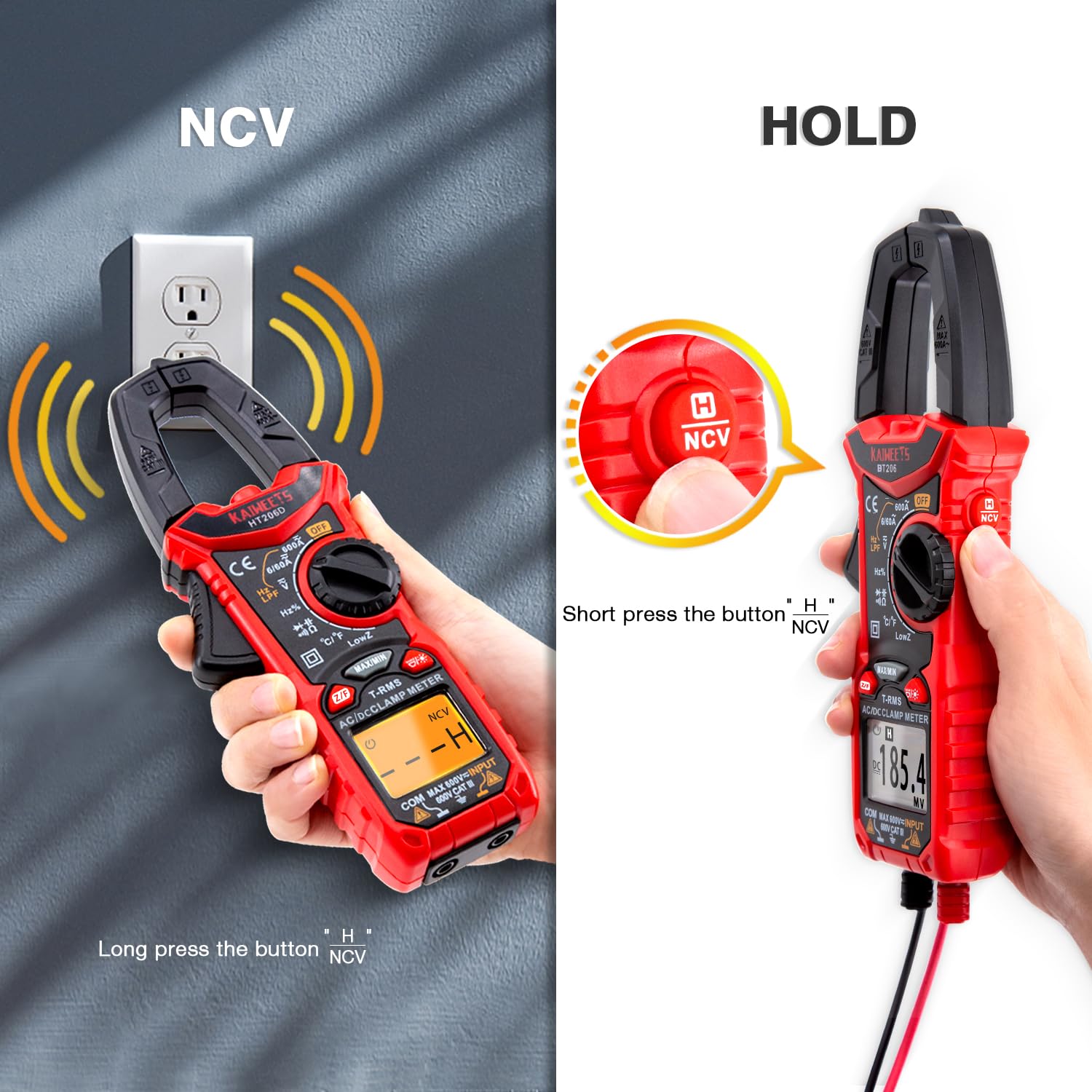 Detalle 2 de KAIWEETS HT206D Clamp Meter (True-RMS) – Auto-range 6000 counts, AC/DC current & voltage with NCV