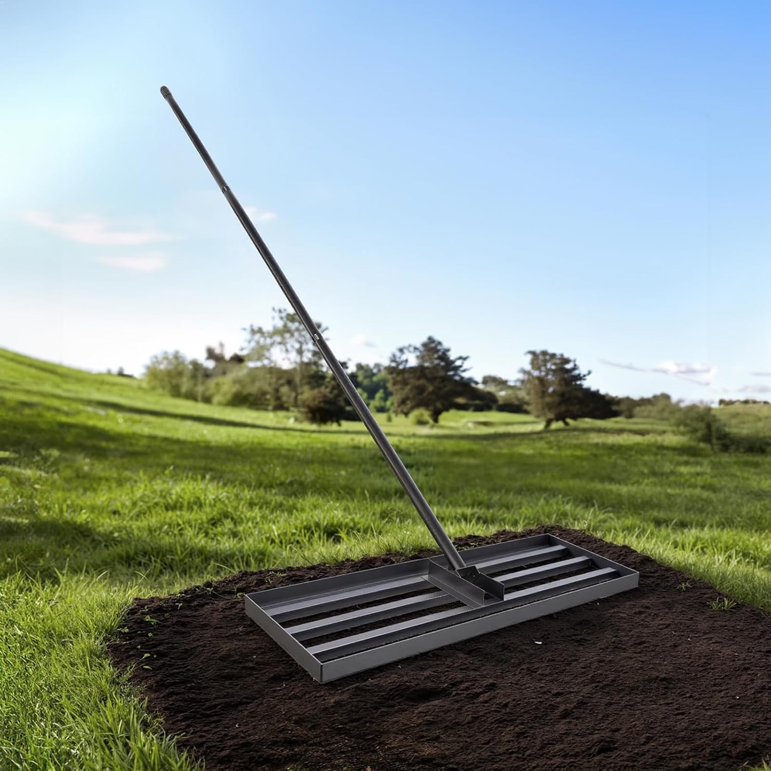 Detalle de Warmiehomy Garden Lawn Leveling Rake with Adjustable Handle (76 x 25 cm) – 2-metre leaf and soil rake for yard levelling