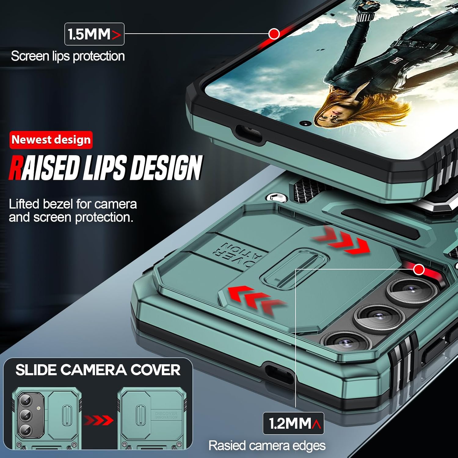 Thumbnail 3 de LeYi Galaxy S25 phone case with sliding camera lens cover and ring stand holder (light green)