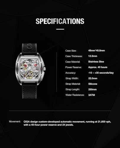 Thumbnail 6 de CIGA Design Edge Z Series: Reloj Automático Esqueleto para Hombre (Negro) con Esqueleto, Zafiro y correa de silicona