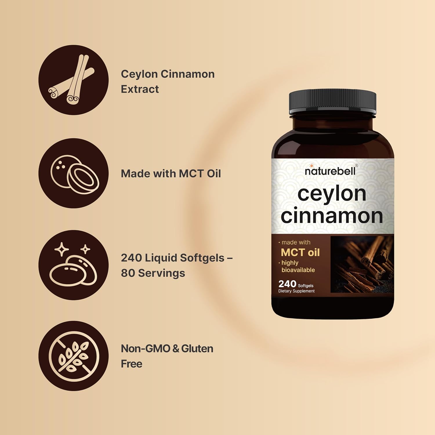 Detalle de NatureBell Ceylon Cinnamon Supplement, 240 Softgels