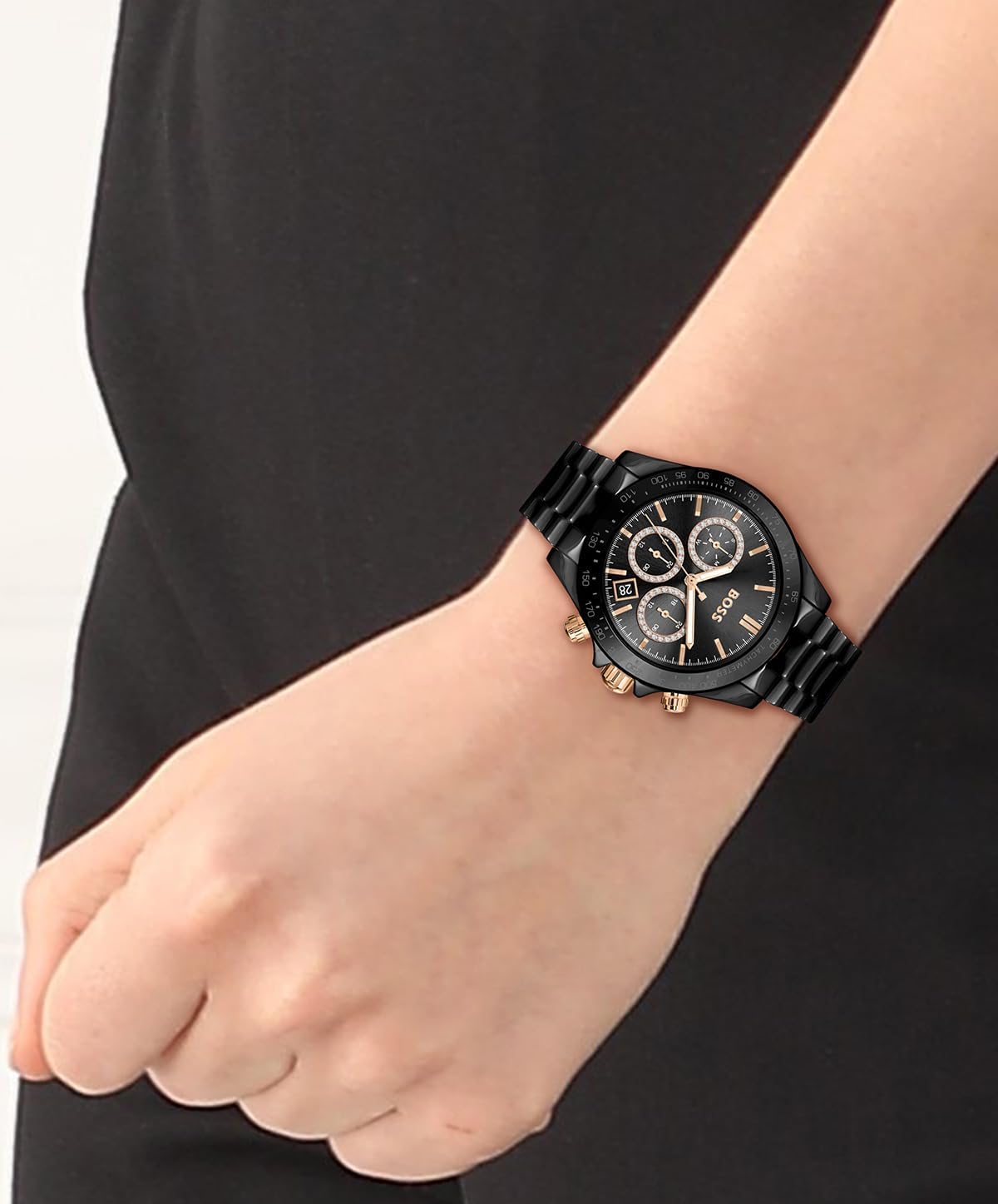 Detalle de BOSS orologio analogico multifunzione al quarzo da donna Novia con cinturino in acciaio o ceramica