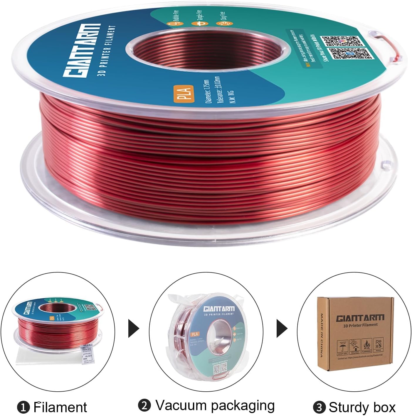 Thumbnail 3 de GIANTARM Dual Silk PLA Filament 1,75 mm (1 kg, Rot/Schwarz) – seidenes 2‑Farben-PLA für glänzende Drucke