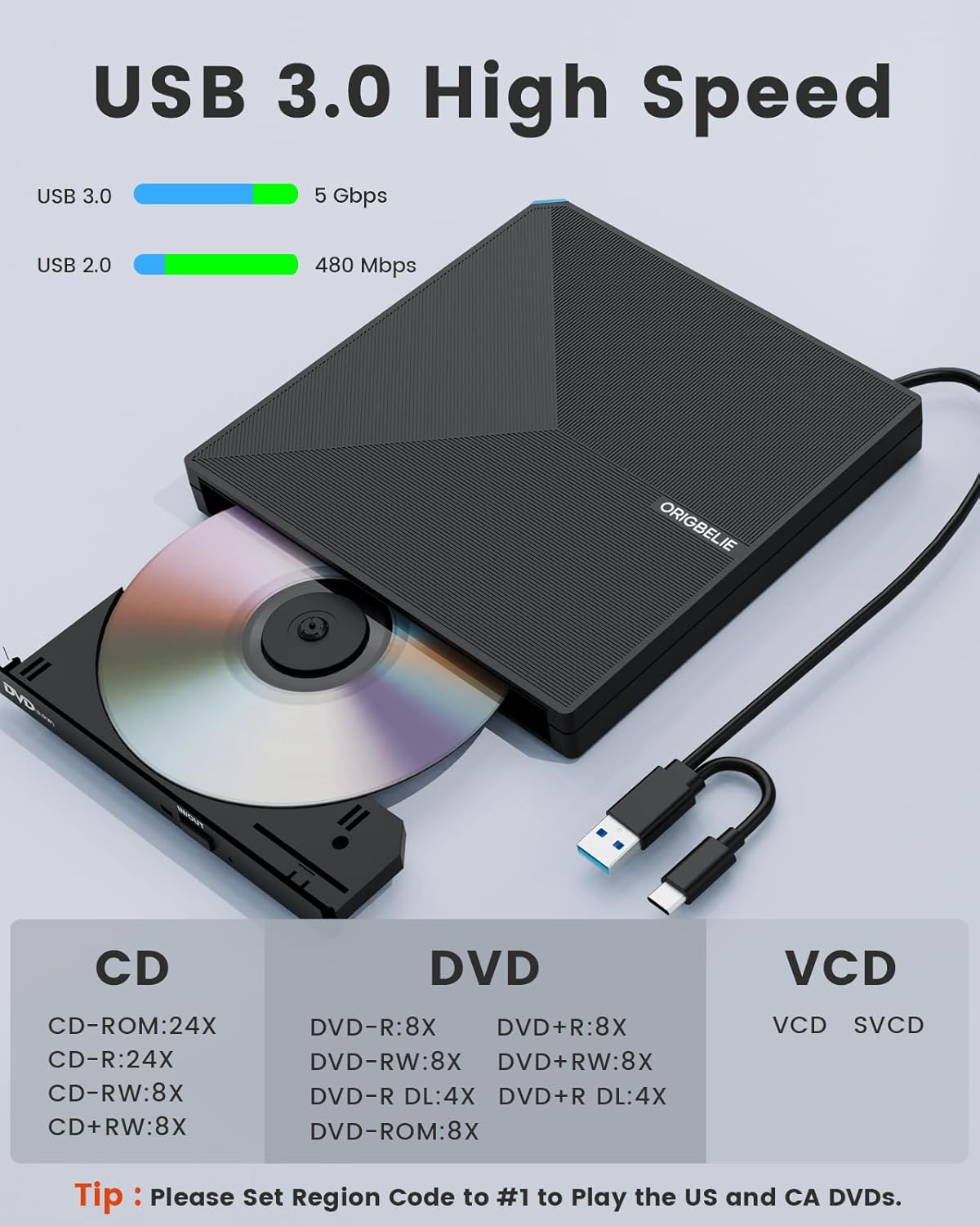 Thumbnail 2 de ORIGBELIE Masterizzatore DVD Esterno: Versatilità Portatile con USB 3.0 e USB-C