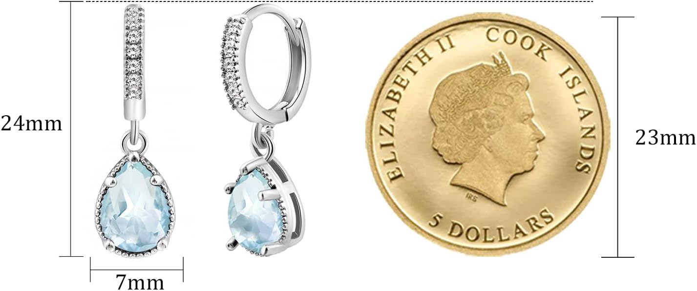 Detalle de Weviway Silver Aquamarine Drop Earrings – Teardrop Crystal Hoop with Lever-Back Closure