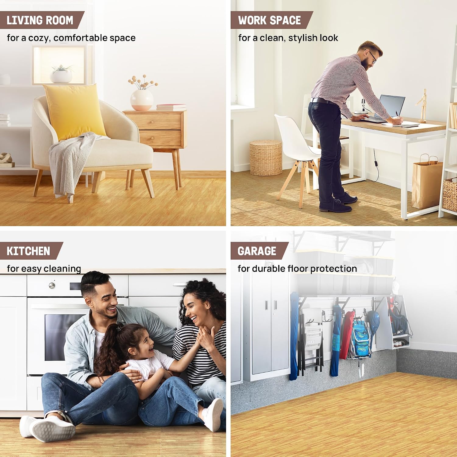 Detalle de Yes4All TDV8 Tappeto ad incastro 12SQFT, 1,1 m² – 12 piastrelle in EVA con effetto legno, incastro reversibile