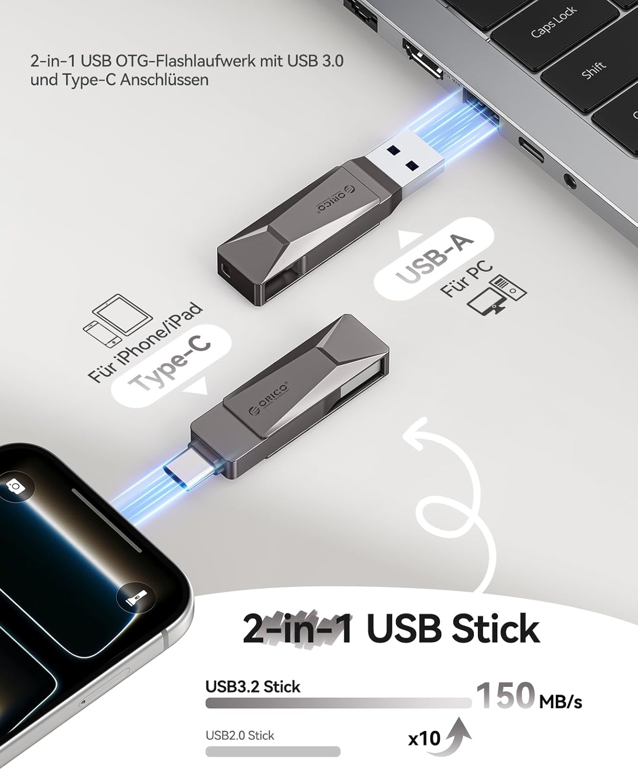 Thumbnail 1 de ORICO USB-Stick 64GB USB 3.2 (CB05) 2-in-1 USB-A/USB-C mit OTG bis 150 MB/s, grau