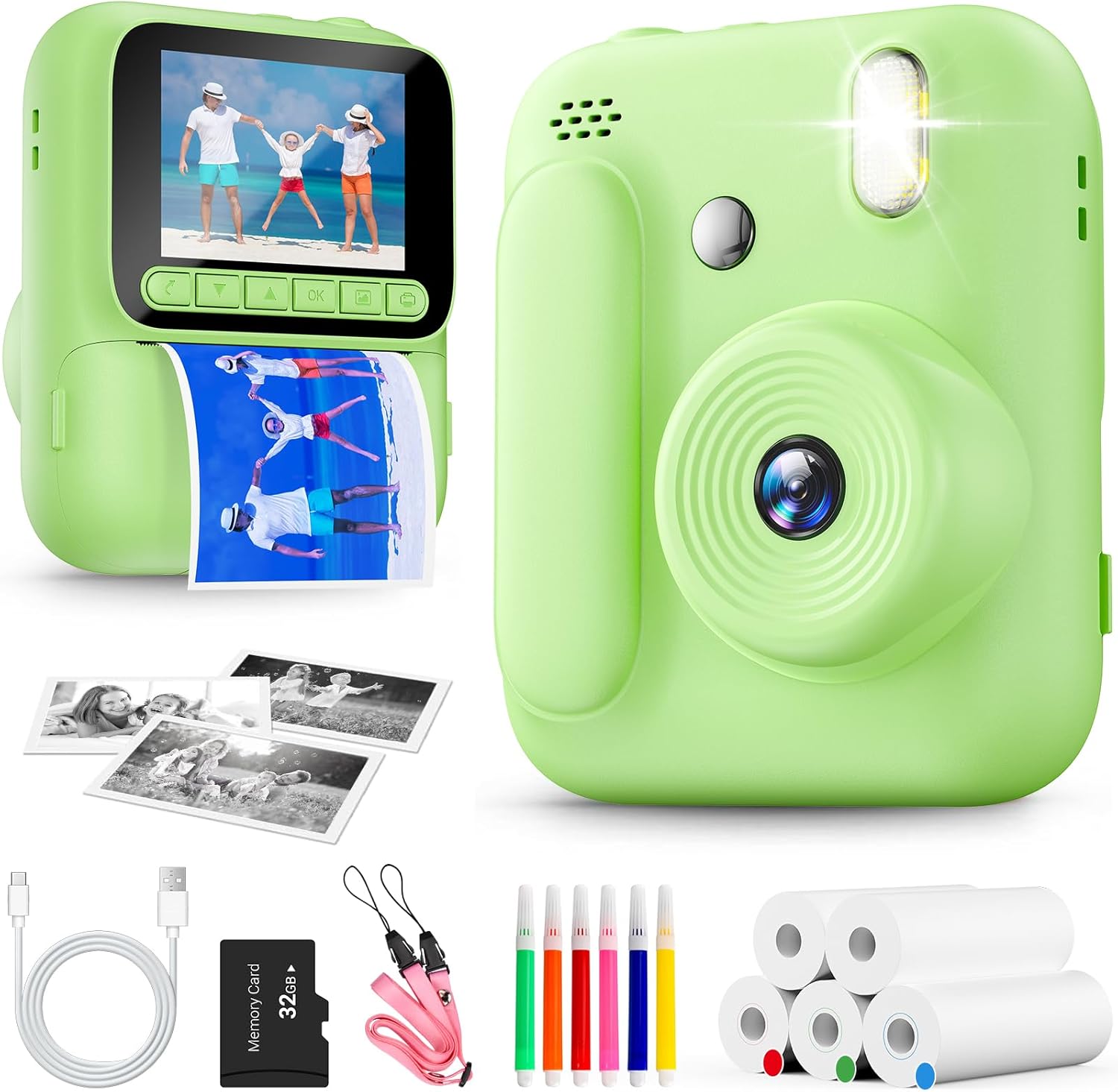 Detalle de Naxup Sofortbildkamera für Kinder – 1080P, Druckpapierfarben, 32GB & kreative Extras (Grün)