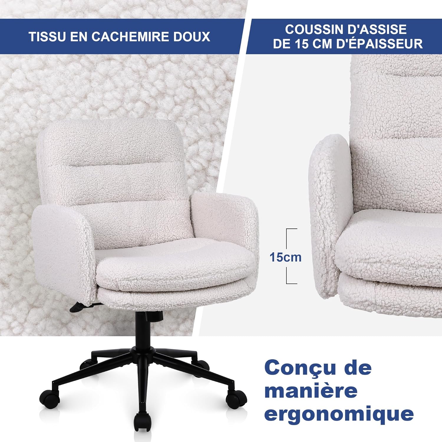 Detalle de Youhauchair Chaise Bureau – Fauteuil ergonomique en fausse fourrure, hauteur réglable et assise rembourrée