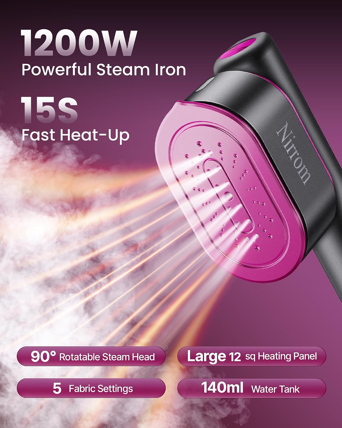 Detalle de Nirrom Dual-Voltage Travel Steamer, 1200W, 140ml Tank, 5 Fabric Settings