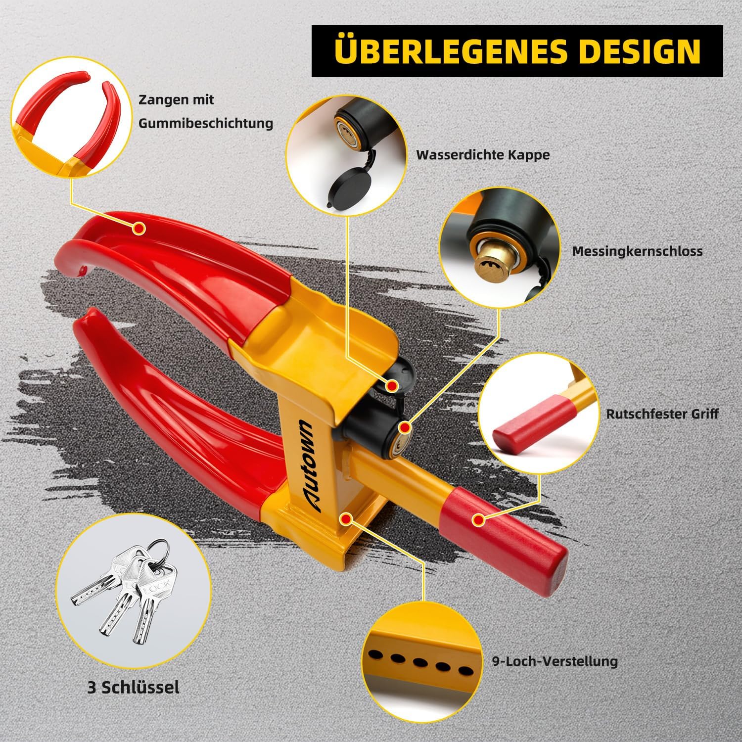 Detalle de AUTOWN Parkkralle Radkralle mit Hochsicherheitsschloss | 18–30 cm, Gelb/Rot, 3 Schlüssel
