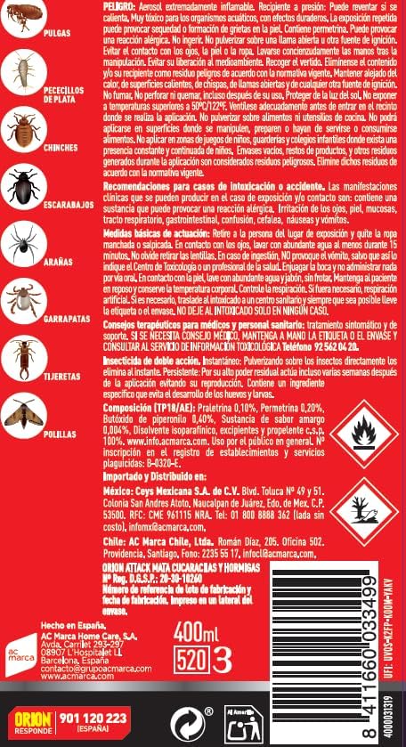 Detalle 2 de Orion Aerosol Insecticida Sin Odor para Cucarachas y Hormigas 🐜