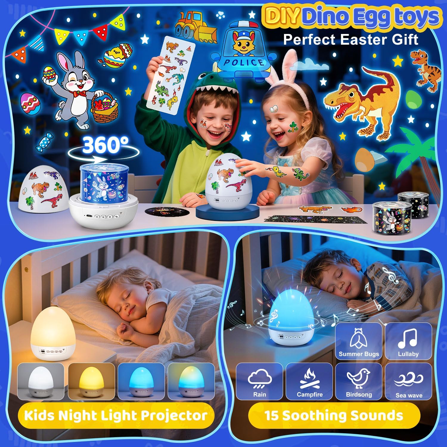 Thumbnail 2 de One Fire DIY Oster-Dino-Ei Projektor Kinder – Nachtlicht mit 14 Filmen, Stickern, Musik, Timer & Fernbedienung